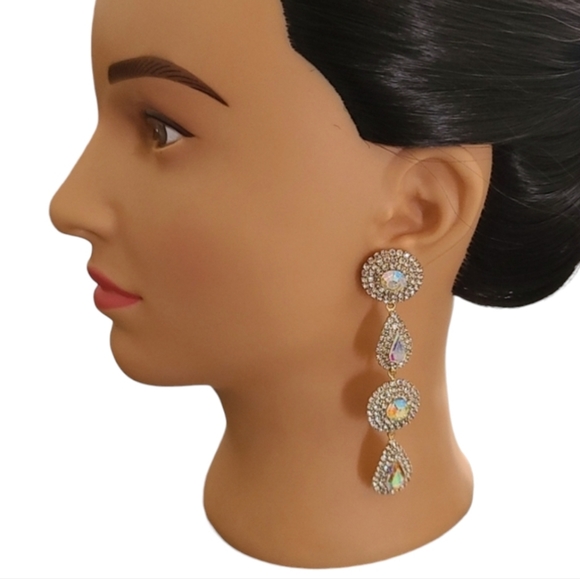 AURORA BOREALIS CZ Gold Teardrop Discs Statement Earrings Evening Wedding - Picture 2 of 12